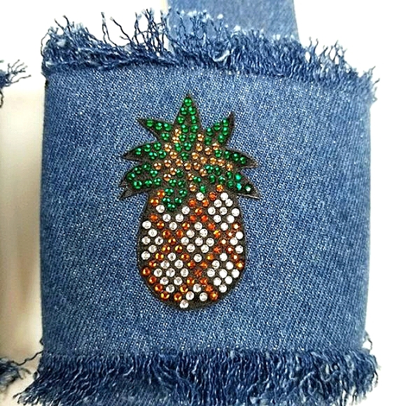 BCBGeneration Gennie Rhinestone Pineapple Frayed Fringe Denim Slip-On Slide Mule - Picture 4 of 11
